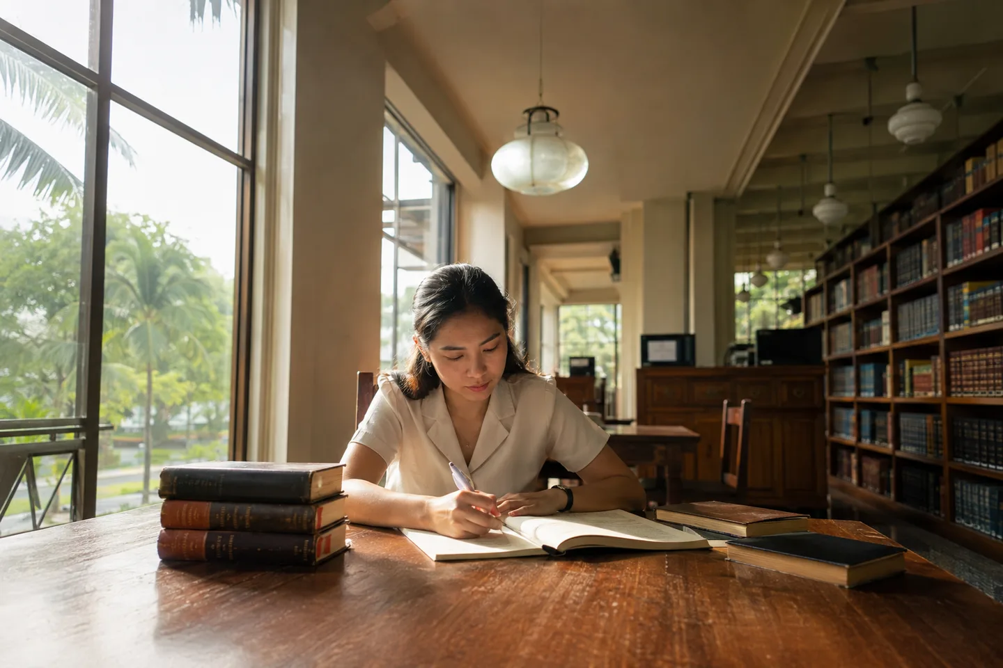 AI-generated editorial image of a Filipino woman studying law in a sunlit library.