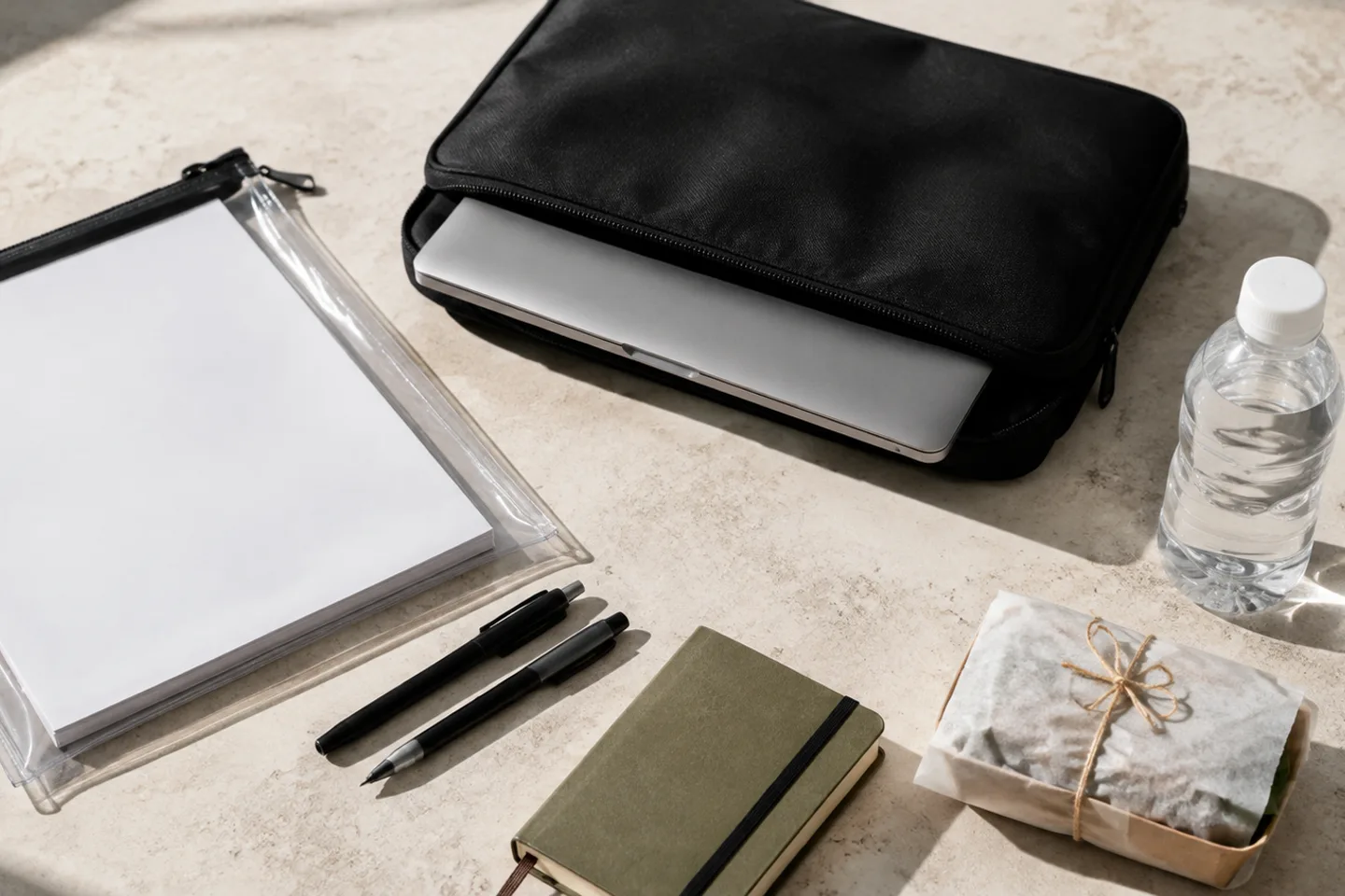 AI-generated editorial image of a laptop sleeve, document pouch, pens, water, and a packed meal.