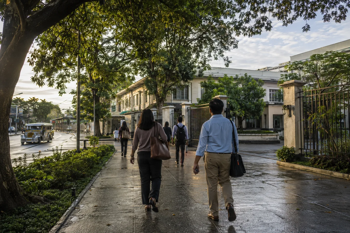 AI-generated editorial image of adults walking toward a generic Philippine campus on a leafy morning street.