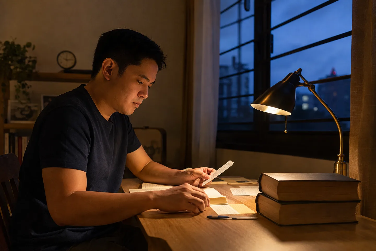 AI-generated editorial image of a Filipino man reviewing notes and law books under a desk lamp at dusk.